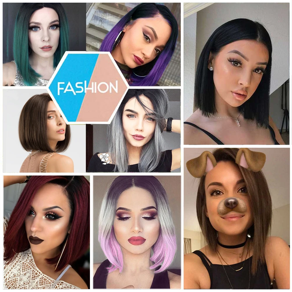 

LIANGMO Short Bob Style Wigs Ombre Black Mixed Purple Pink Green Brown Straight Hair Wigs for14 Women Synthetic Wig