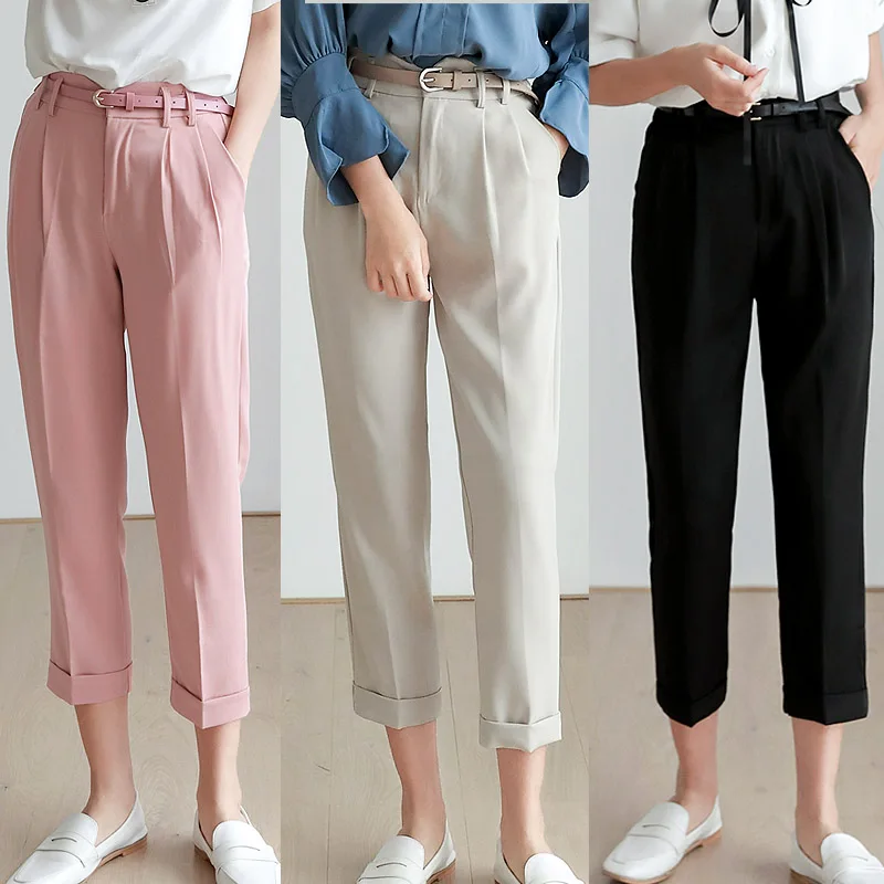 

Корейские модные розовые прямые женские брюки до щиколотки с поясом 2022 летние универсальные брюки с высокой талией для женщин