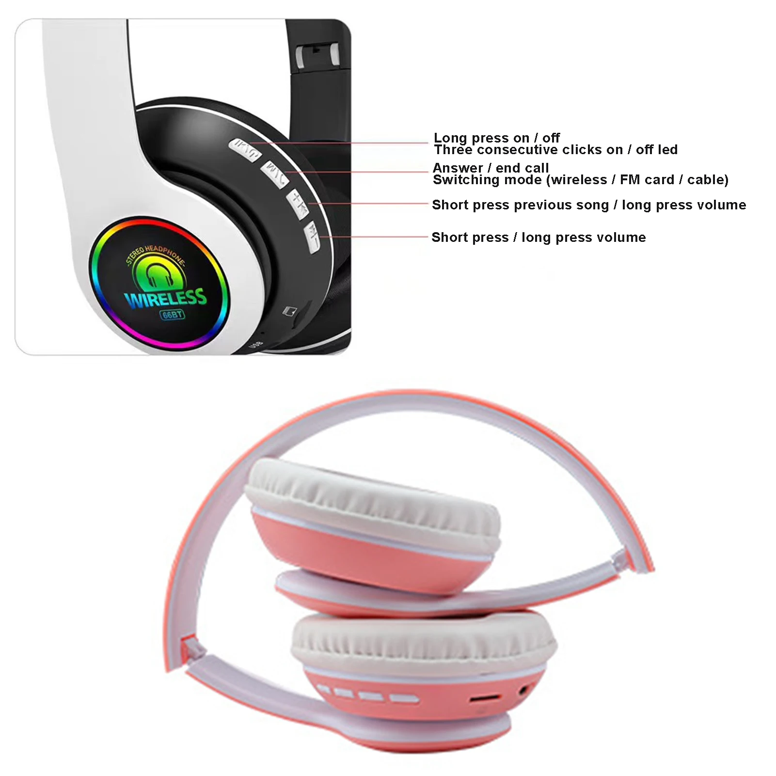 

66BT Foldable Bluetooth 5.0 Wireless Headphone Heavy Bass Headset with Light
