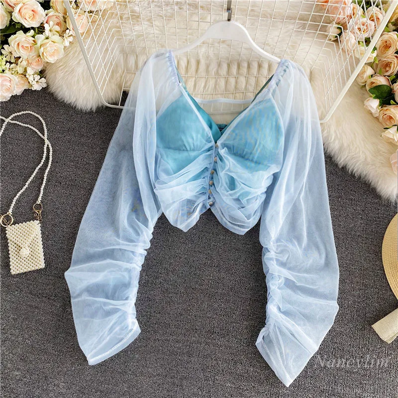 Sexy Mesh Blouse for Women 2021 Spring Summer New Off-Shoulder Crop Top Gauzy Chiffon Blouse Sexy Disco Clothes
