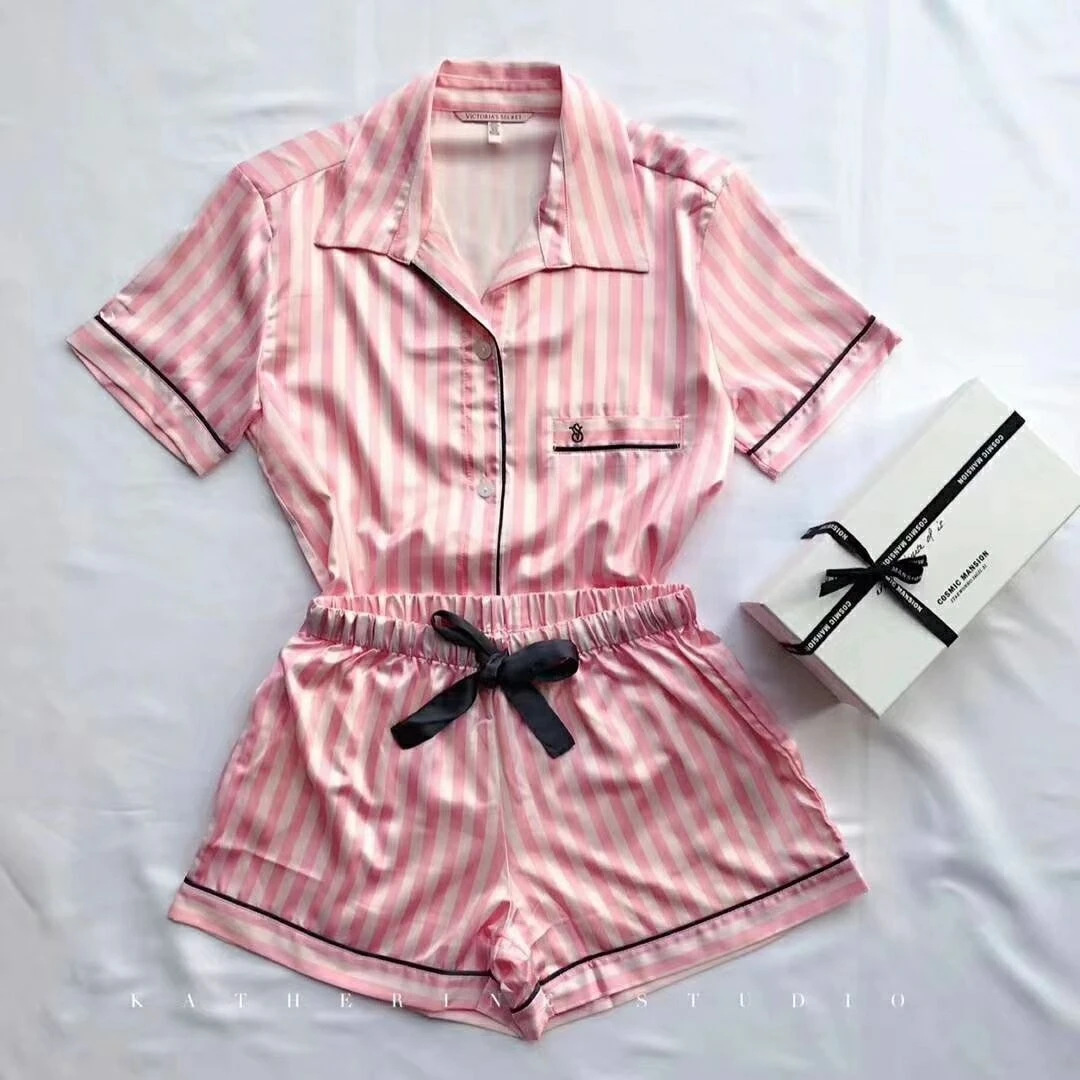

pajamas for Women Sleepwear Summer Pajama Set Pink Turn Down Collar Faux Silk Satin Short Sleeve Casual Female Pijama Home Wear