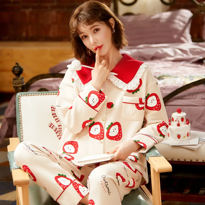 

Autumn winter long-sleeved pure cotton women's pajamas suit cute quilted thick warm home service pajama set sleepwear pijamas