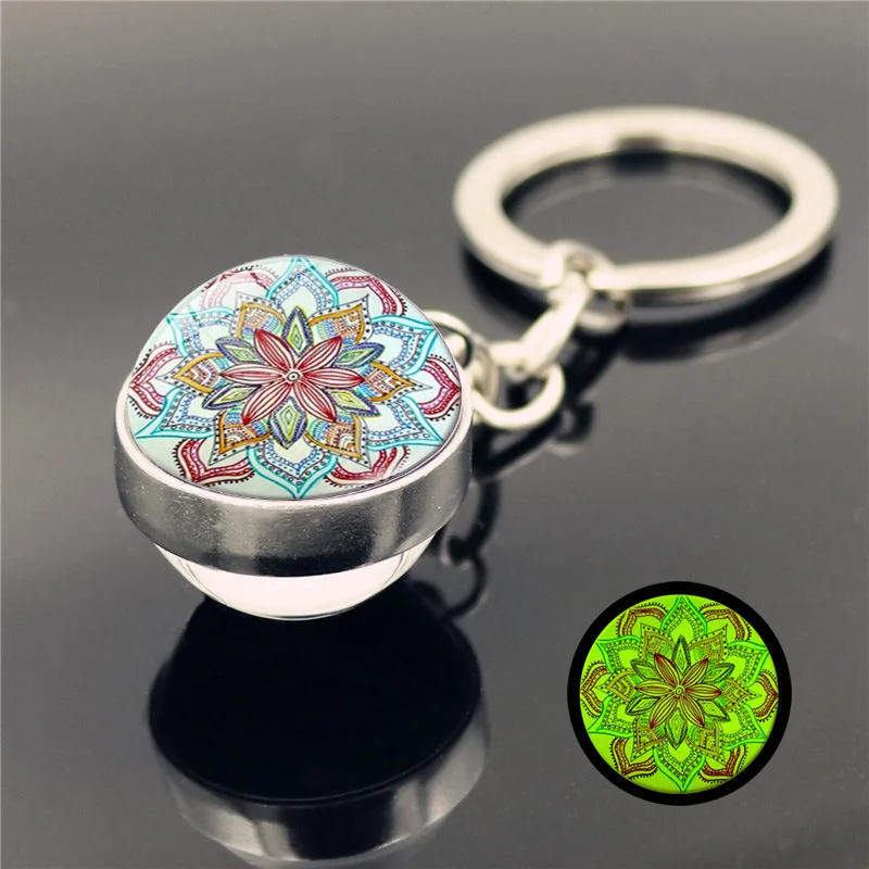 

Mandala Holy Glowing Keychain Pendant Double-sided Cabochon Glass Ball Luminous Keychain for Women Jewelry Key Chain Purse