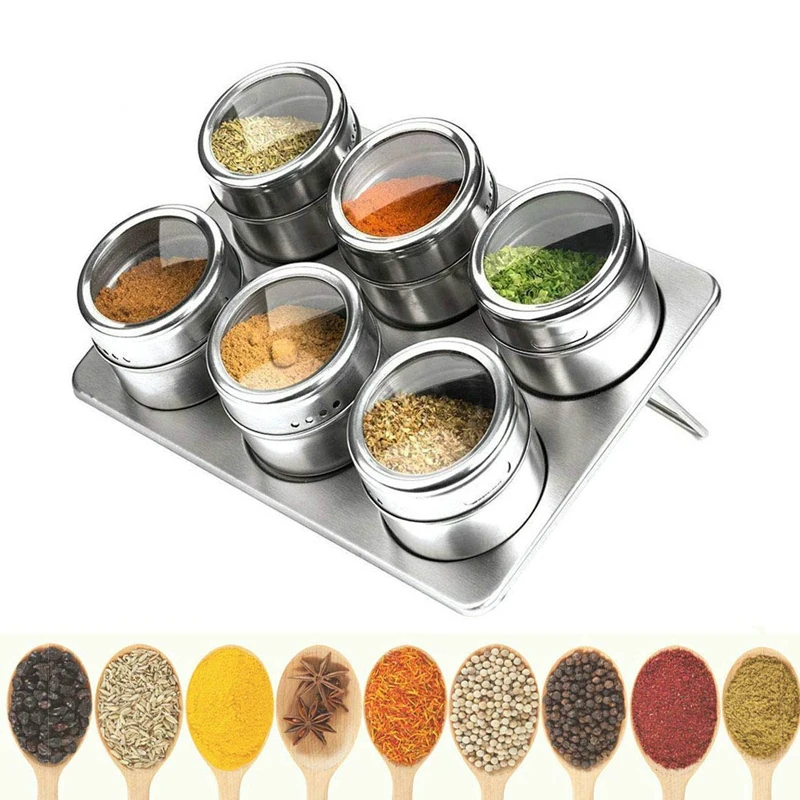 

6/9Pcs Magnetic Spice Jars Set 304 Stainless Steel Salt Pepper Spray Shakers Storage Tins Rack Seasoning Box Condiment Container