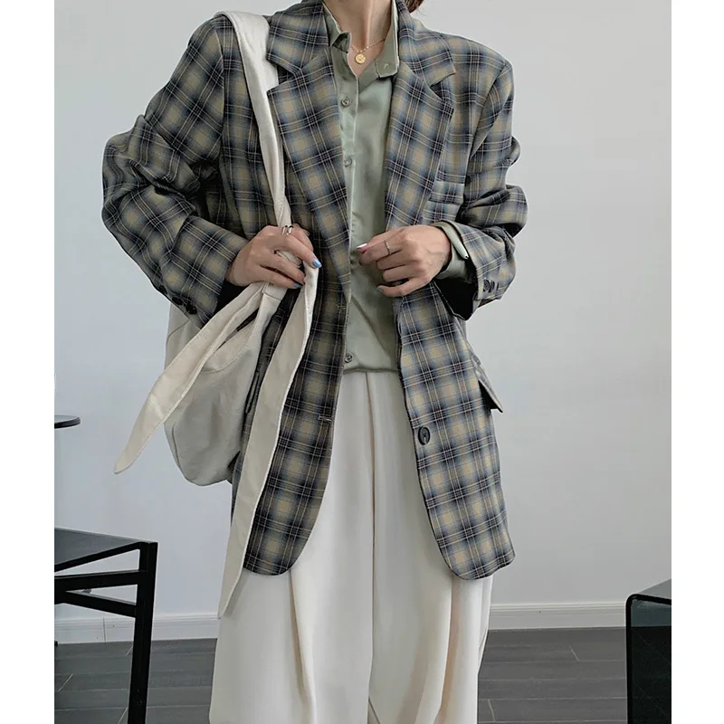 Осенне зимняя винтажная серая клетчатая свободная верхняя одежда женский костюм