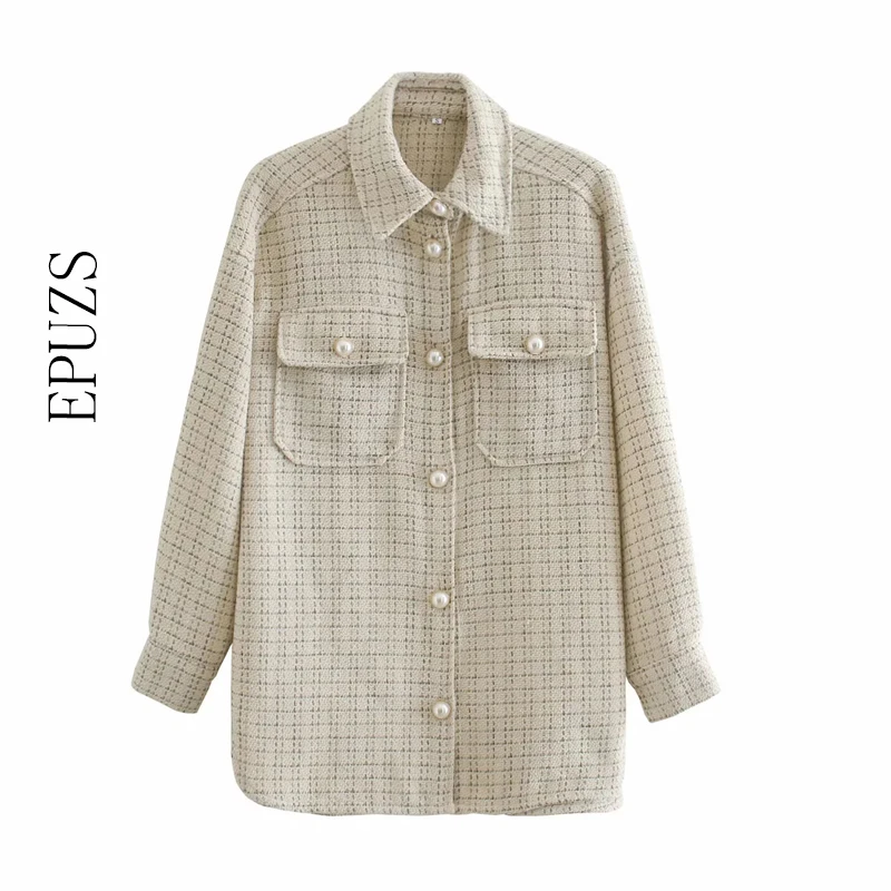 

Vintage Pearl button Plaid jacket women Single Breasted Retro Thick shirt coat winter Oversize Womens Coat casual ladies outwear