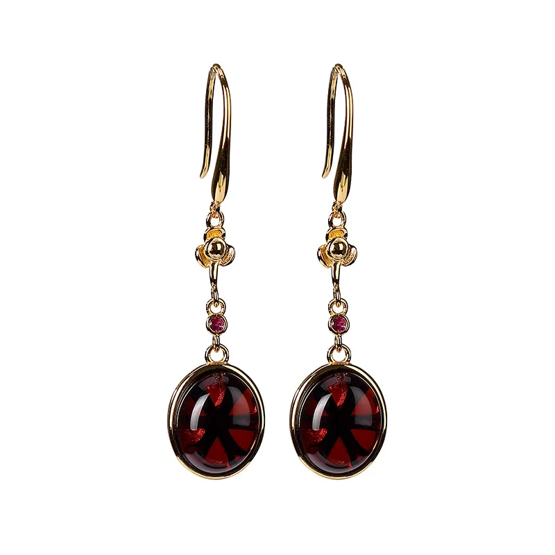 S925 sterling silver gold-plated natural blood amber earrings retro long elegant women's ear hook earrings