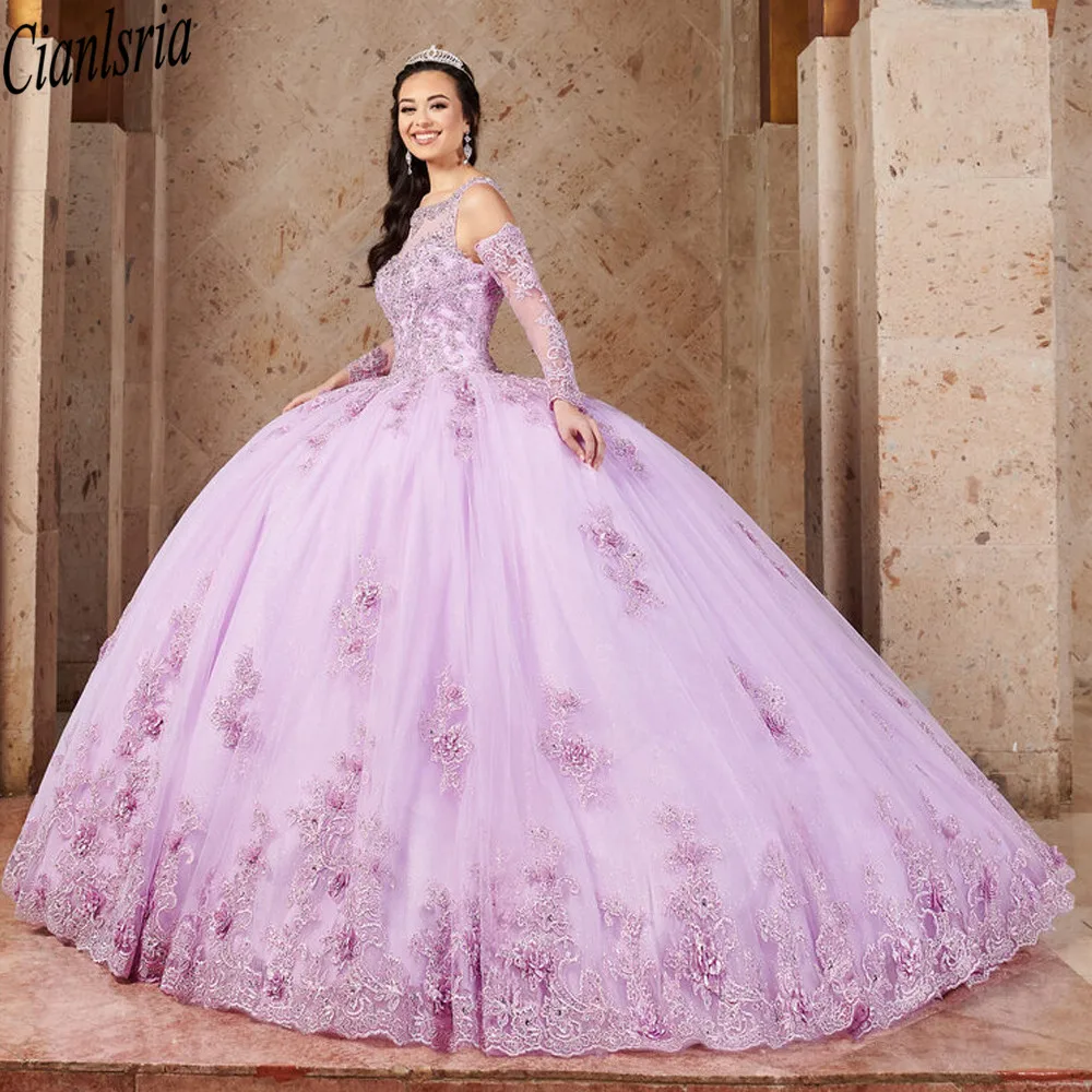 

Детское розовое платье Quinceanera 2021, кружевное блестящее платье со шнуровкой и длинными рукавами