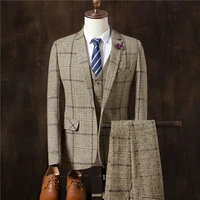men business formal slim fit wedding prom suits male boutique plaid design groom dress blazers jacket pants vest 3 pieces set