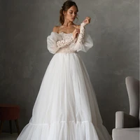 beteau puff sleeves ball gown 2021 sweet backless beading applique sweep train lace wedding dresses vestido de novia