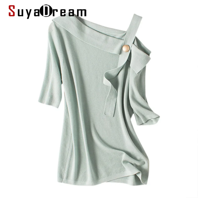 

SuyaDream Women 100%Merino Wool Sweaters 2021 Winter 1/2 Sleeves Single Off shoulder Pullovers 2021 Fall Winter Chic Top