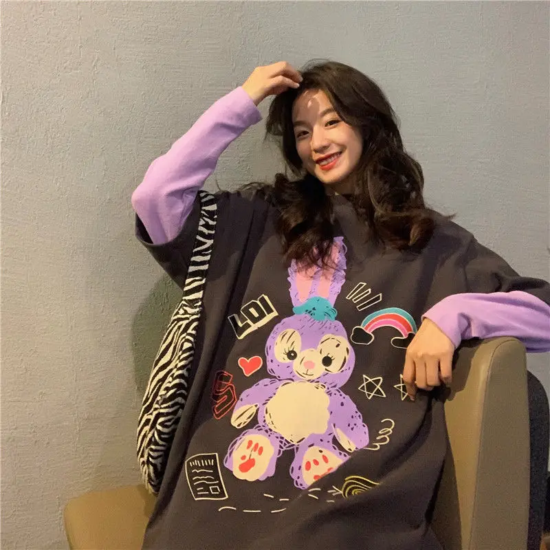 

Cotton 2021 spring new loose and versatile long sleeve printed T-shirt for women