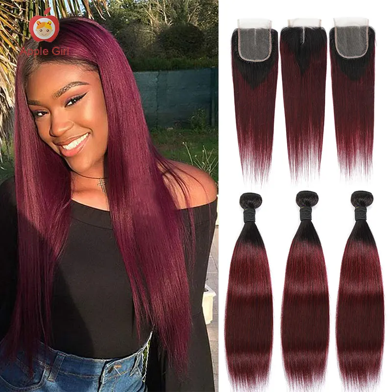 

T1B/99J Red Color Brazilian Burgundy Straight Hair Bundles With Closure Applegirl Remy Human Hair 2/3/4 Ombre Bundles & Closure