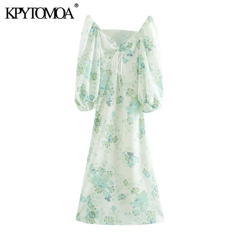 Женское платье миди с цветочным принтом V образным вырезом и открытой