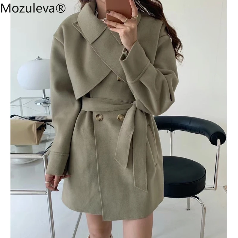 Женское шерстяное пальто на шнуровке с поясом Осень-зима | Женская одежда