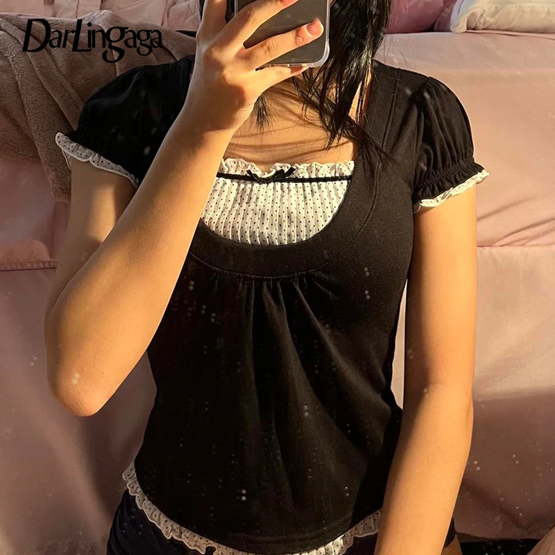 

Darlingaga Y2K Harajuku Polka Dot Print Cute Short Sleeve T-shirts Women Korean Ruffles Patchwork Summer Crop Top Tee Bow Kawaii