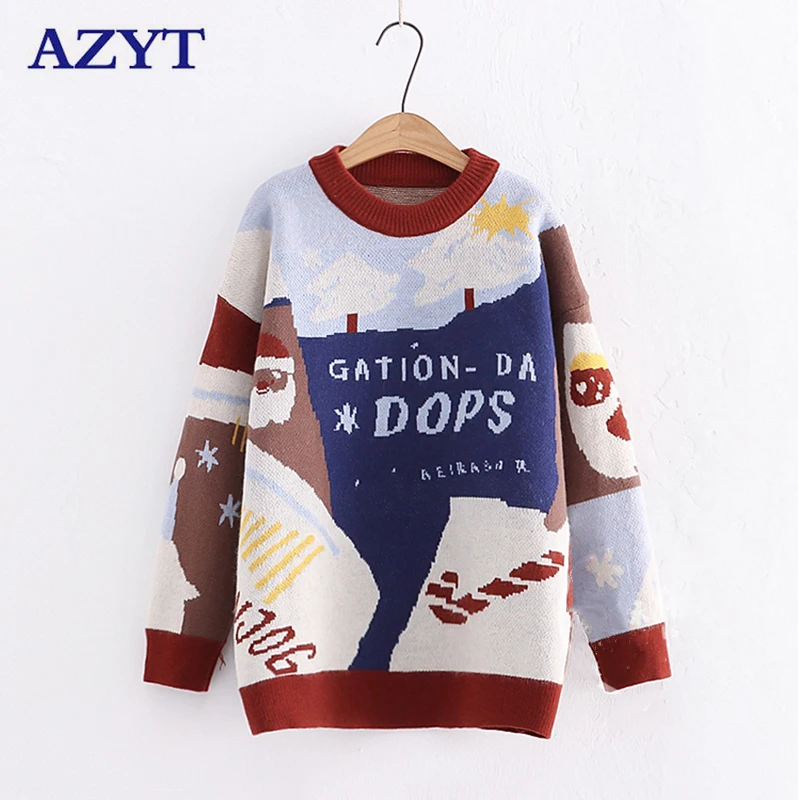 

AZYT Autumn Winter Pullover Women Sweater Vintage Print Long Sleeve Women Christmas Sweater Loose O Neck Jumper Knitwear 2021
