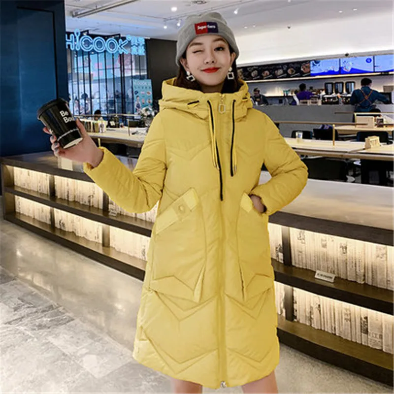 yellow Новое пуховое пальто с хлопковой подкладкой женская зимняя куртка длинная Корейская свободная плотная теплая парка с капюшоном пальто Верхняя одежда для девочек V993 - Цвет: yellow