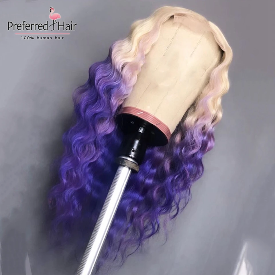613 To Purple Предпочтительный эффектом деграде(переход от темного к парики из натуральных волос с Африканской структурой, 130% 150% Плотность 13x4 Синтетические волосы на кружеве парик бразильский Реми прозрачные кружевные парики для Для женщин Средний соотношение - Цвет: 613 To Purple