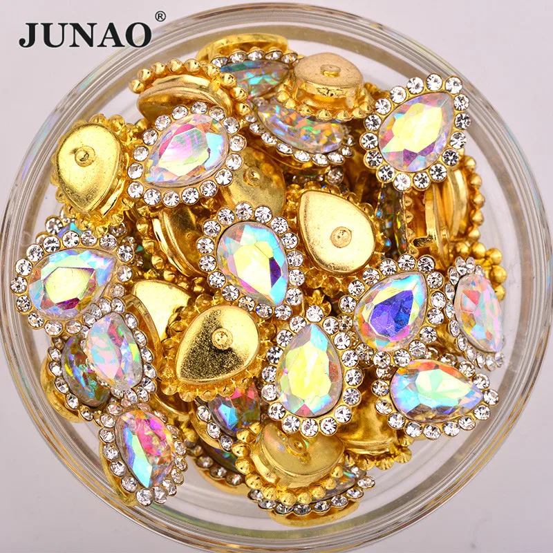 

JUNAO 30pcs 7*10mm Crystal AB Teardrop Glass Crystal with Setting Sew On Claw Rhinestones Flatback Gold Crystal Stone