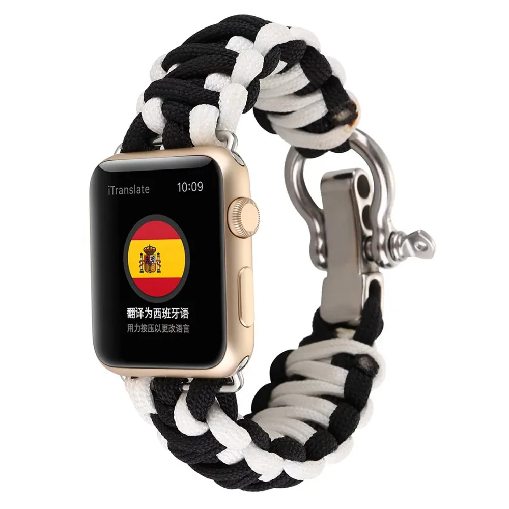 S Black White Нейлоновый спасательный трос ремешок с кожаной петлей Пряжка для apple watch ремешок 38 мм/42 мм/40 мм/44 мм наручный ремень для iWatch серии 5 4 3 - Цвет ремешка: S Black White