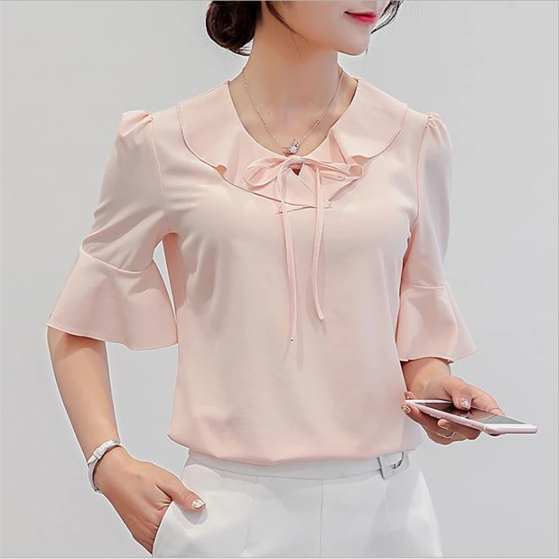 

Loose Shirts Female Summer Oversized Ruffles Shirt Lady Hedging Peter Pan Collar Blouse Top Woman Thin La Camisa Chemise Tops