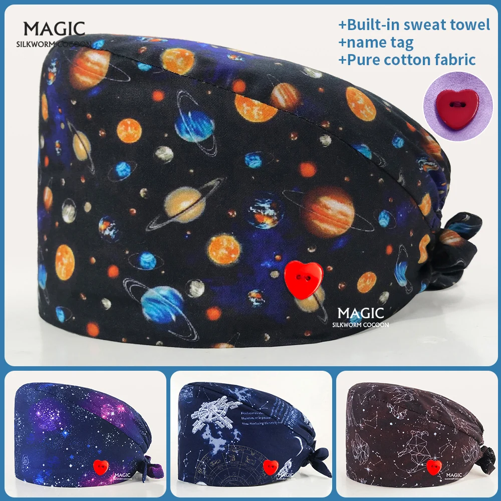 

Шапка унисекс медицинская с мультяшным принтом, скрабы из чистого хлопка для ухода за животными, шапка для ухода за зубами и больницами