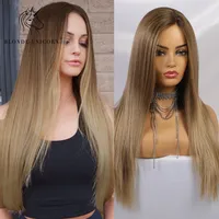 Blonde Unicorn Long Ombre Blonde Straight Lace Part Synthetic Wigs for Women Daliy Hair Natural High Density Heat Resistant