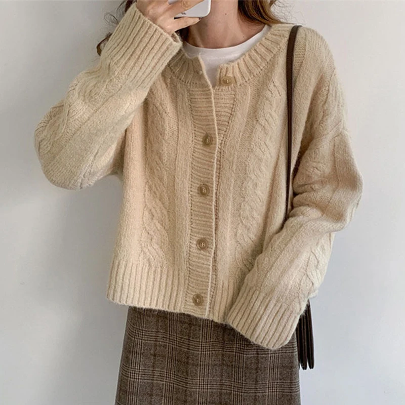 

Женский короткий кардиган, весенне-осенние женские свитера с круглым вырезом и длинным рукавом, Повседневная однобортная вязаная одежда дл...