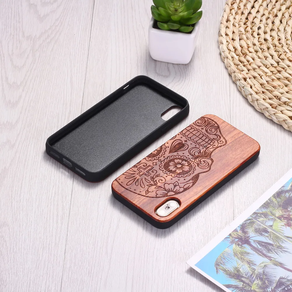 Mexican skull Vintage Floral Engraved Wood Phone Case Coque Funda For iPhone 14 14ProMax 14Plus 13Promax 13 12 11