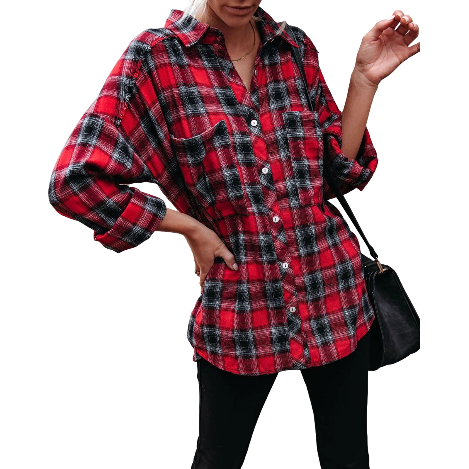 

Women Fashion Lapel Plaid Blouse Stylish Long Sleeve Pocket Top Spring Fall Casual Shirts for Ladies Female