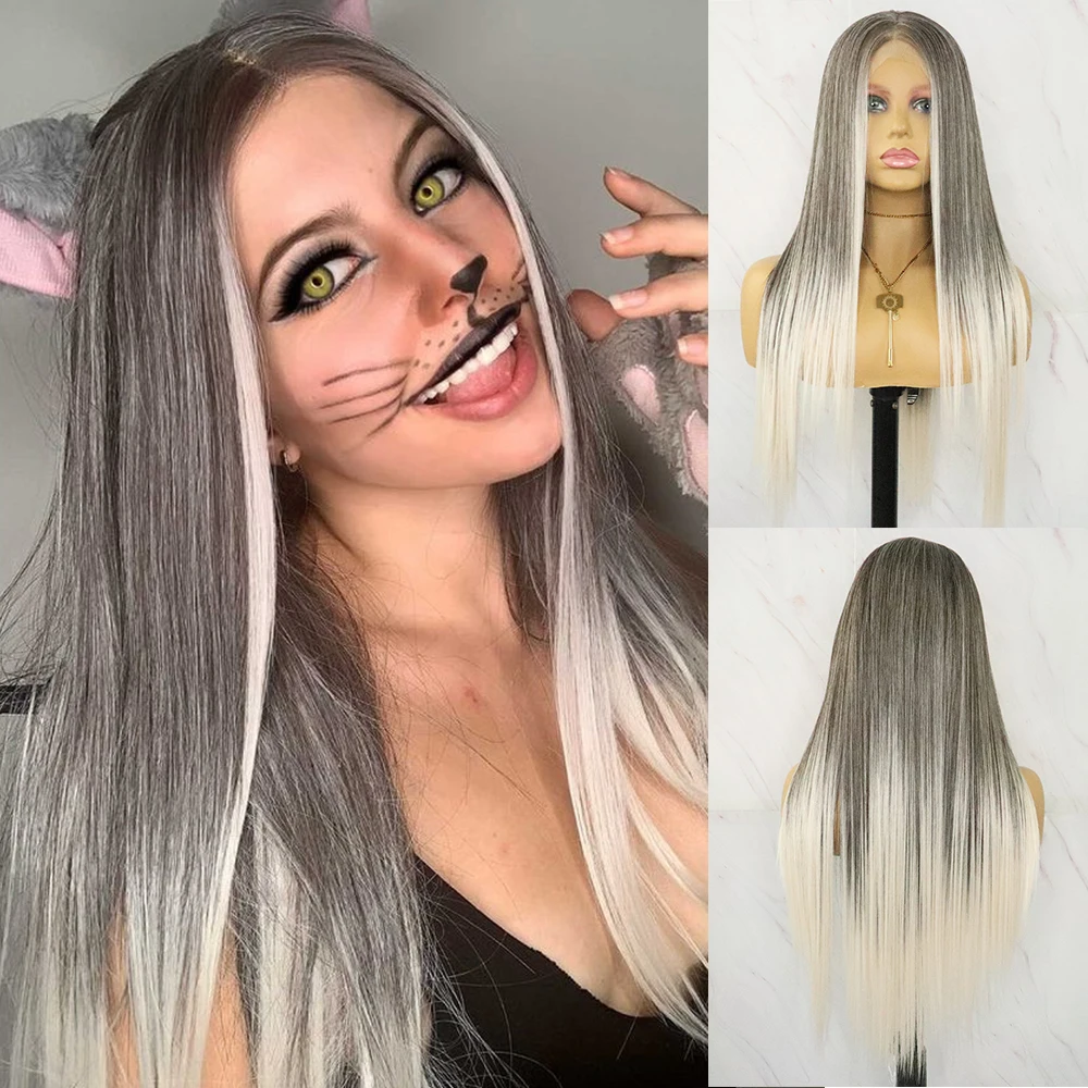 BlueBird Long Silky Straight Ombre Grey Mixed White Wigs For Women Futura Hair 13x4 Glueless Balayage Synthetic Lace Front Wigs
