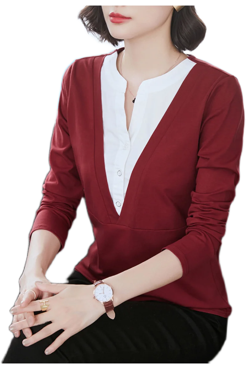 

Autumn Winter Long Sleeve Women T-shirt Split V-neck Sexy Tops Splicing Fake Two Pieces Female Cotton Slim Fit Bottoming Shirt