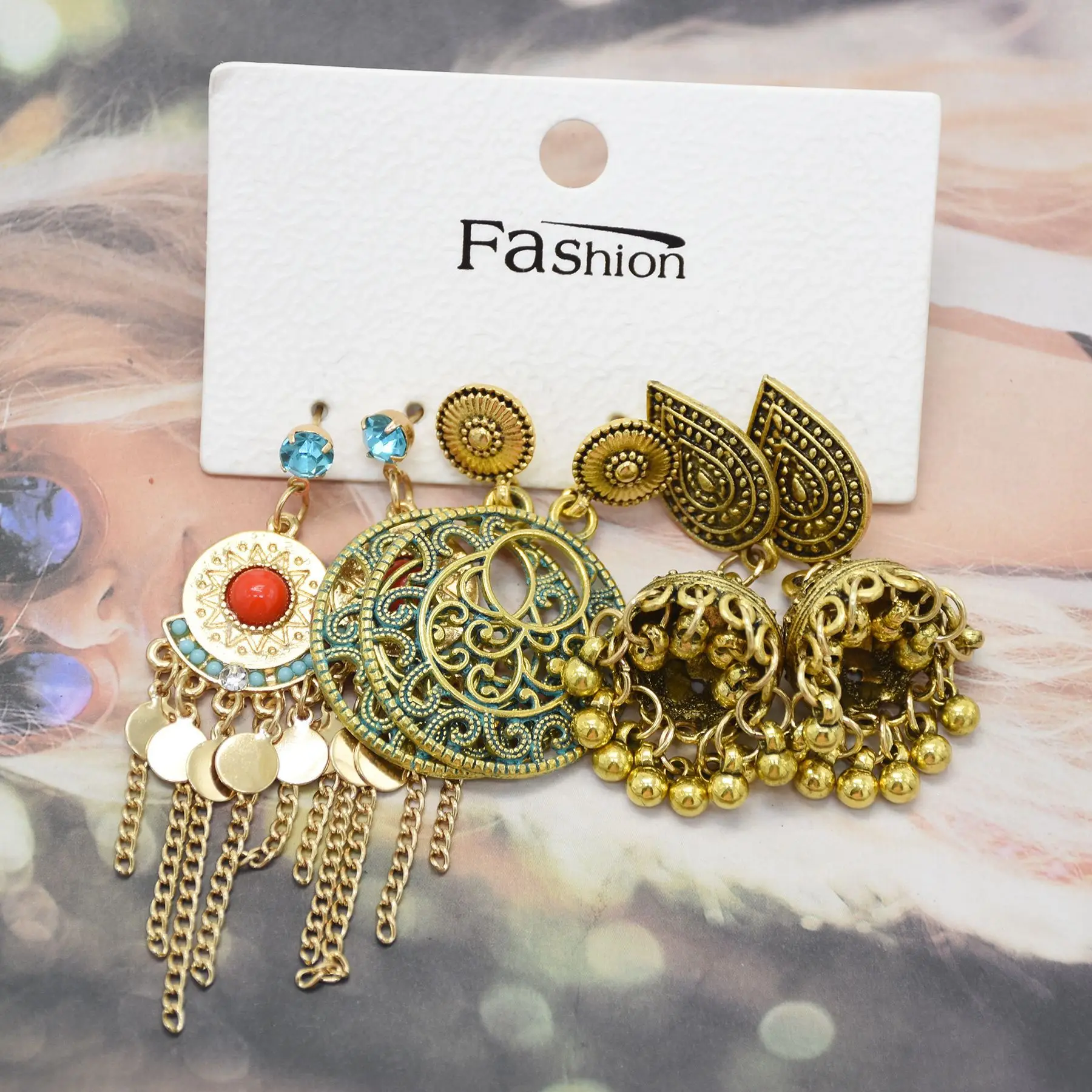 

3Pairs/set Boho Vintage Gold Silver Color Alloy Indian Jhumka Drop Earrings for Women Carved Fower Pearls Tassel Hanging Earring