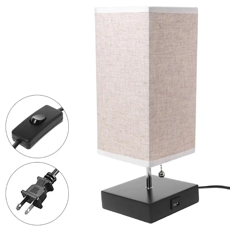 

2021 New Wood Base Fabric Shade Bedside Table Lamp With USB Port & Pull Switch Modern Design