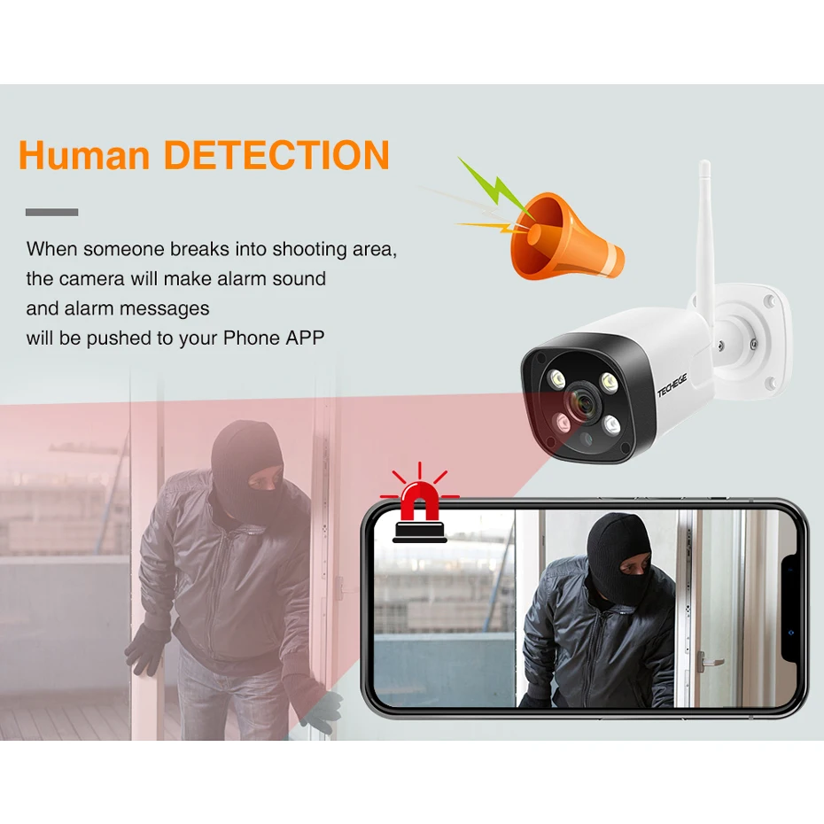 Techege, супер HD, 5MP, h.265, WiFi, проводная ip-камера, AI камера, обнаружение человека, двухстороннее аудио, водонепроницаемая ip-камера, бесплатный адаптер питания