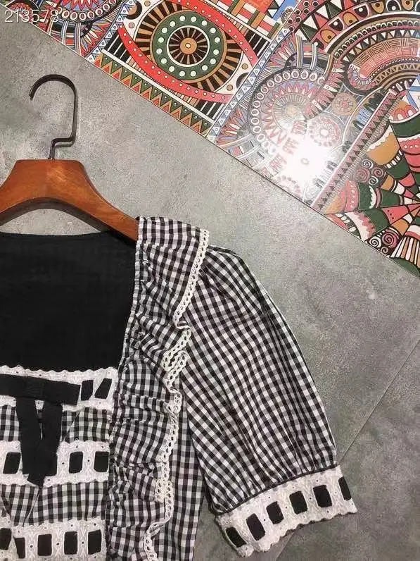 

New 2021 Women Summer Fashion Runway A-Line Dress Short Sleeve Square Collar Plaid Print Ladies Mini Dress