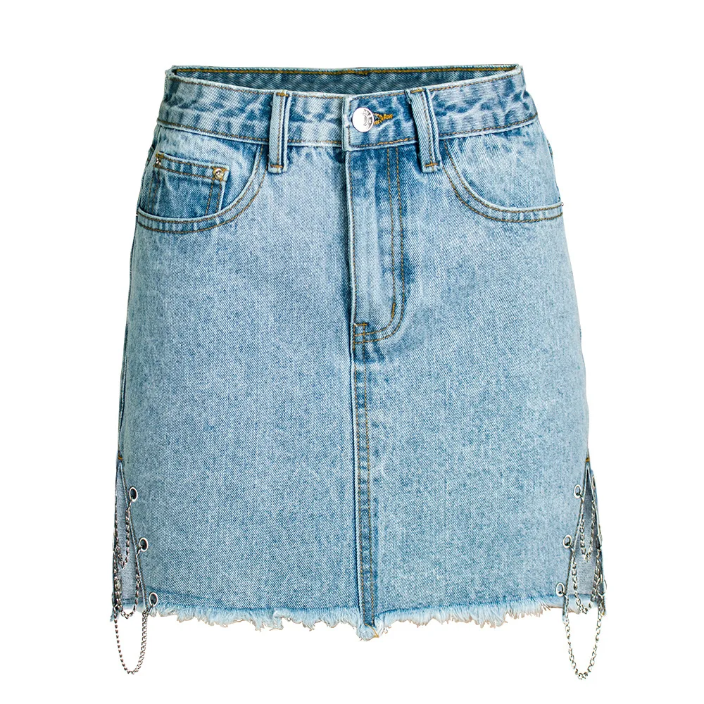 

height] summer European and American high waist A-line skirt light blue metal chain hip lifting Split Leg Denim Skirt