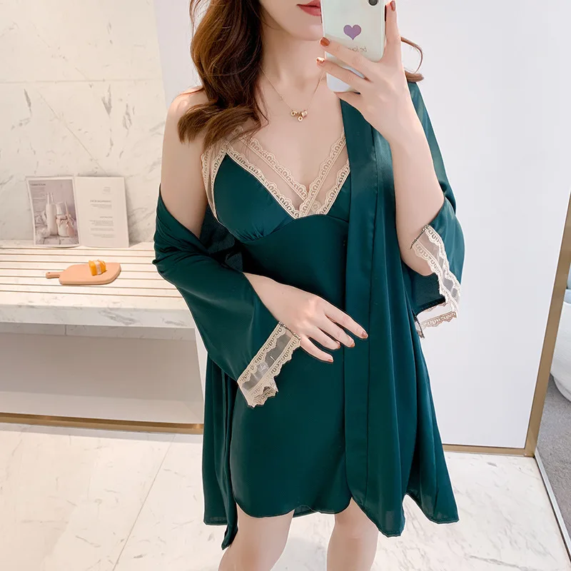 

2PCS Rayon Lace Robe Gown Summer Womens Nighty Bathrobe Nightdress Sexy Kimono Sleep Gown Chest Pads Sleepwear Strap Dress