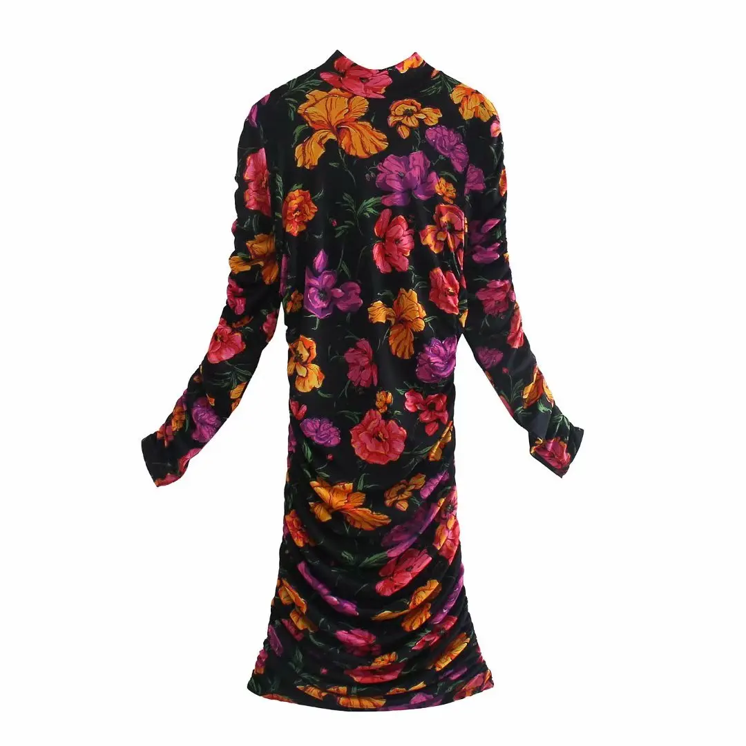 

Koekop Women Fashion Gathered Floral Printed Dress High Neck Long Sleeves Pleated Side Chic Lady Vintage Long Dresses Woman