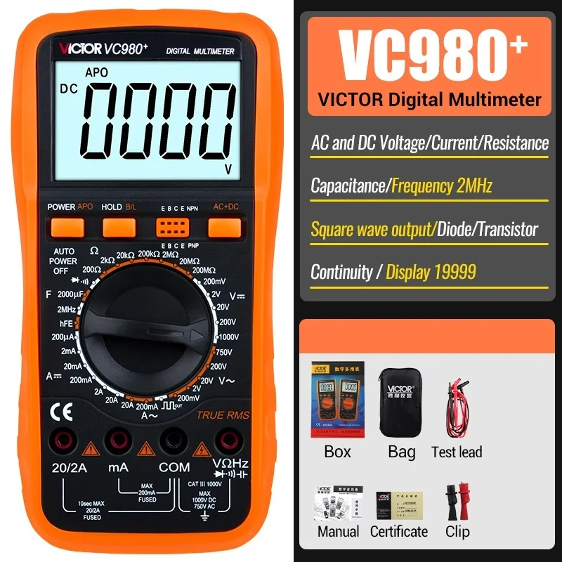 Цифровой мультиметр True RMS DMM AC/DC VICTOR VC9801A + Сопротивление емкости диодный