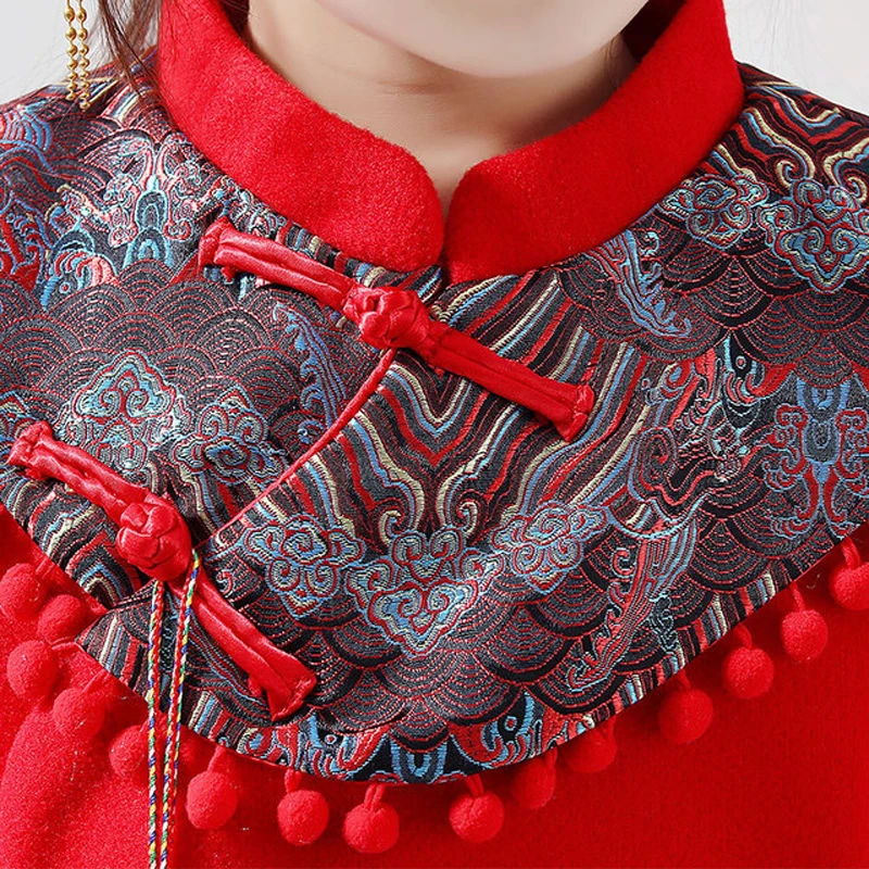 Стеганое платье Hanfu для девочек зимнее теплое детское шерстяное красное