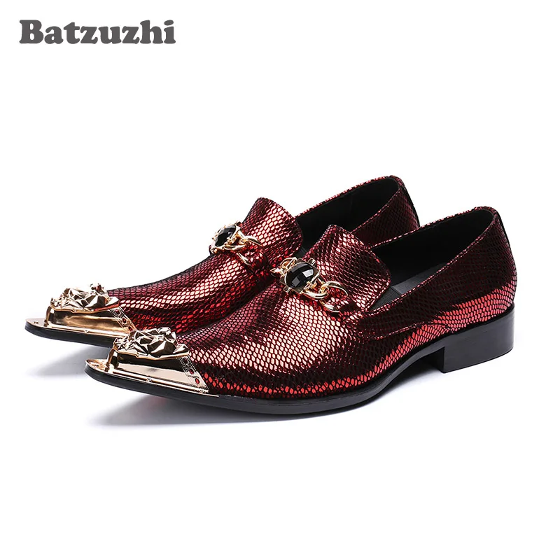 

Batzuzhi Italy Type Men Shoes Gold Iron Toe Formal Leather Dress Shoes Business Men Wine Red Party and Wedding Shoes for Men,46