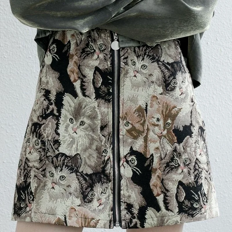 

Elegant Vintage Y2k Skirts Cat Printed Mini A-Line Skirts Women Vintage Embroidery Pencil High Waist Skirt Mujer Zipper Skirt