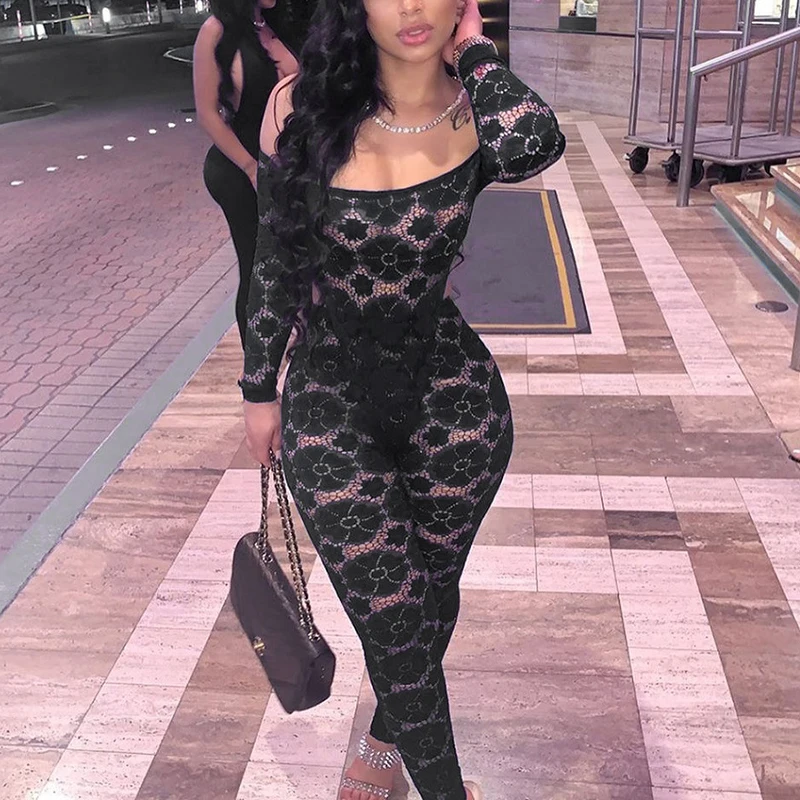 

BKLD Women's Fashion Streetwear Lace Two Piece Sets Off-shoulder Full Sleeve Bodysuit + Long Pants See-through Hollow Out Suits