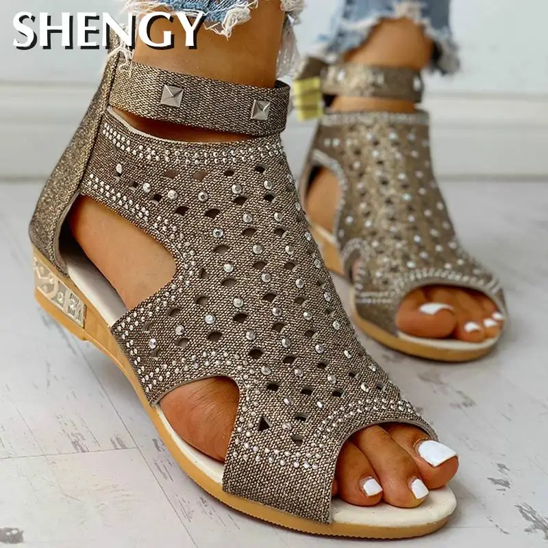 

2020 Women's Wedge Sandals Ladies Fish Mouth Hollow Roma Summer Shoes Fashion Casual Non-slip Crystal Bling Footwear