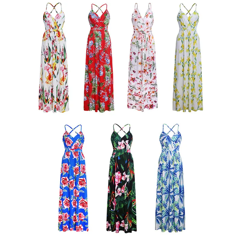 

V Neck Women's Dress Spaghetti Strap Backless Florla Long Dresses Woman Beachwear Party Elegant Summer Sexy Girl Casual Clothing