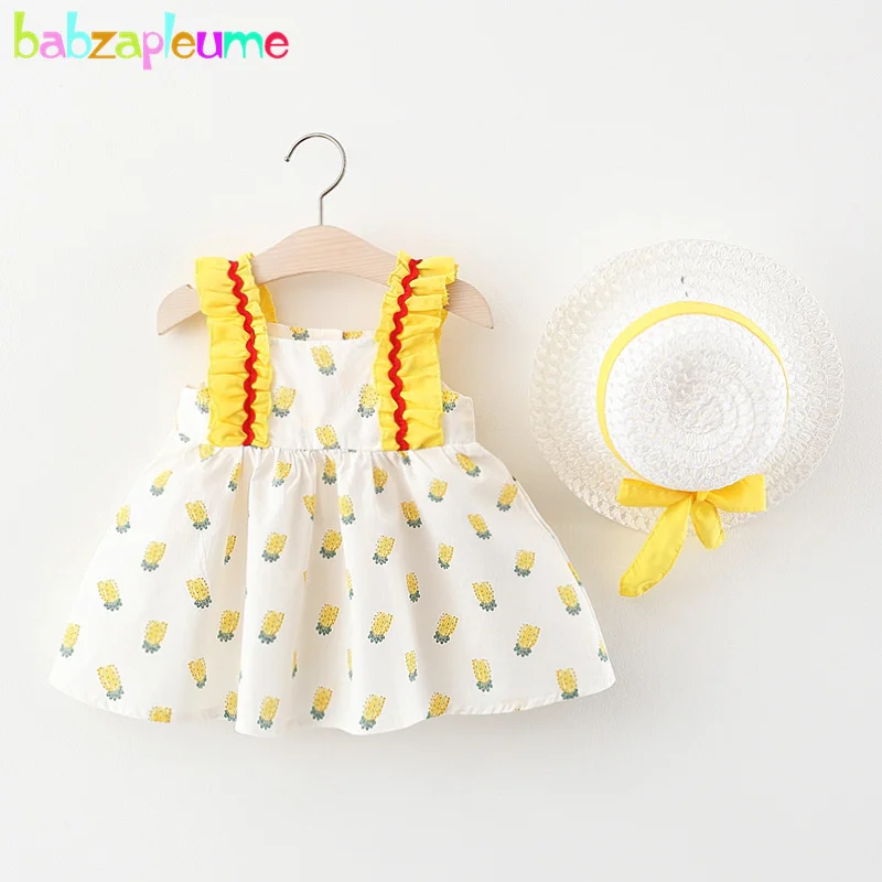 Trajes de verano para ni&ntilde;os peque&ntilde;os, ropa para reci&eacute;n nacidos con estampado de dibujos animados, algod&oacute;n sin mangas, Vestido de playa para beb&eacute; + sombrero para el sol, vestidos para ni&ntilde;a BC2100-0