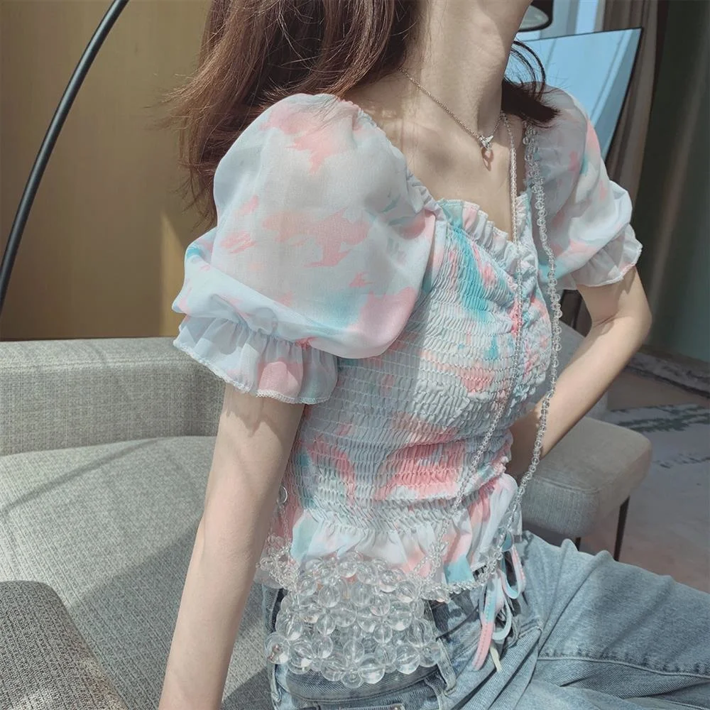 

Summer Fashion Square Collar Chiffon Slim Short Puff Sleeve Blouse Tops Women n Style Sweet Shirts Female Clothes