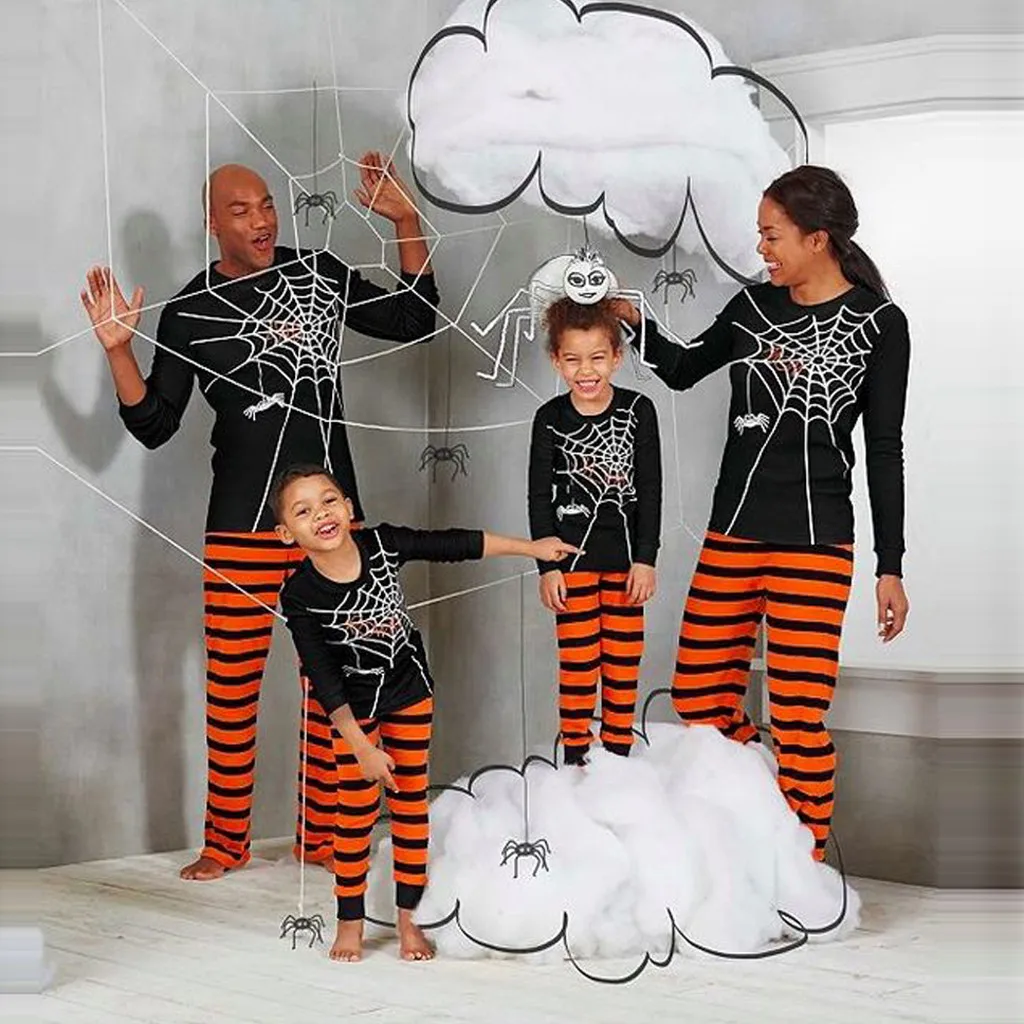 Halloween Family Match Pajamas Set Womens Mens Kids Baby Clothes Pumpkin Striped Long Sleeve Pants Leggings Sleepwear Nightwear | Мать и